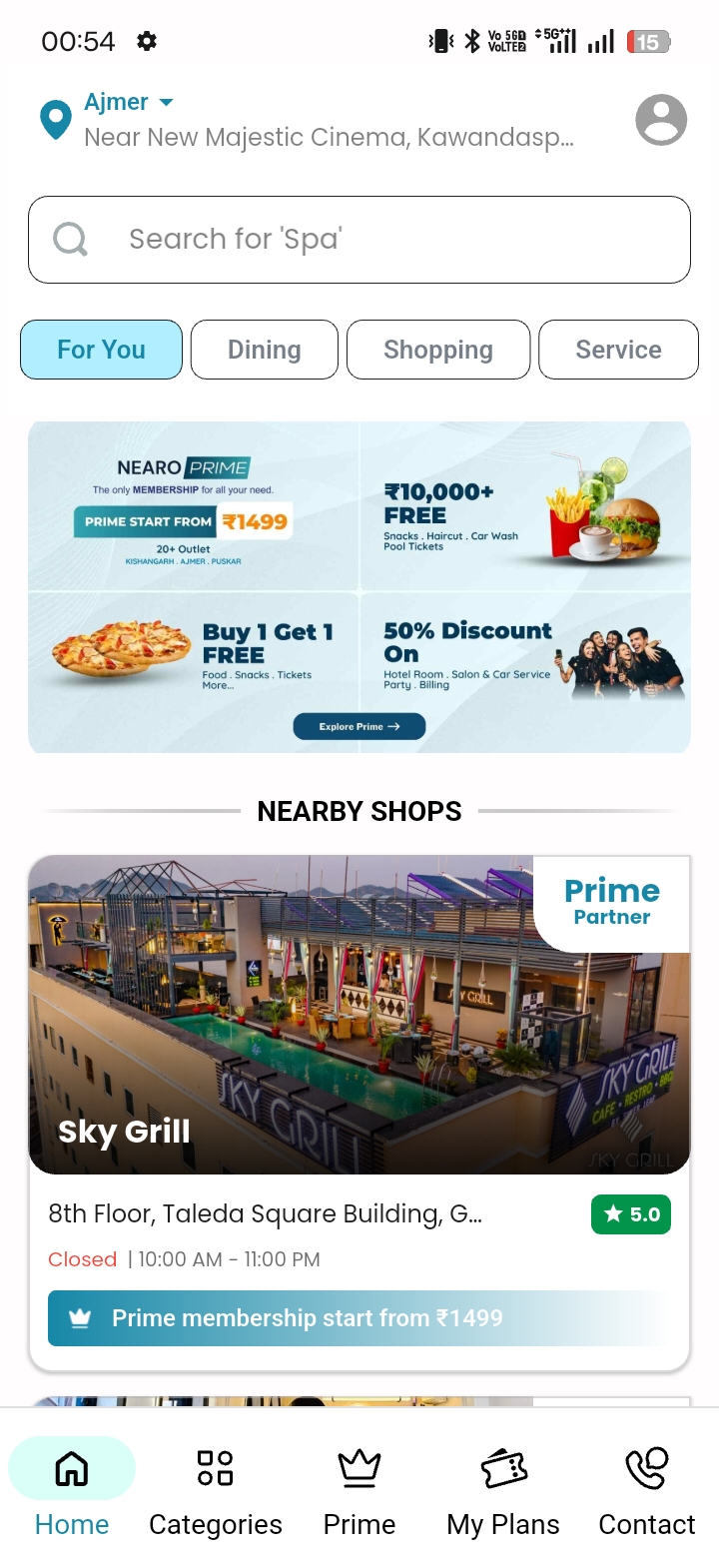 Nearo app home screen - Prime membership banner and a Prime Partner shop card